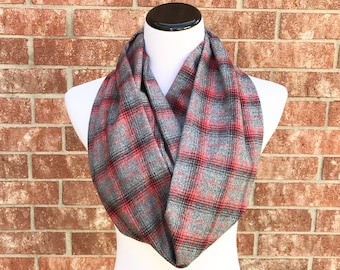Red Gray Plaid Flannel Scarf Tartan Plaid Infinity Scarf Warm Scarf Classic Loop Scarf Autumn Scarf Christmas Scarf