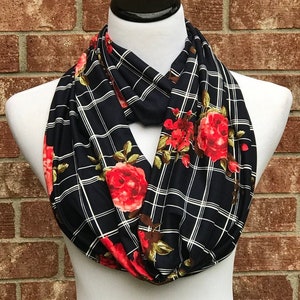 Navy Blue Floral Scarf Red Roses Flowers Scarf Infinity Scarf - Etsy