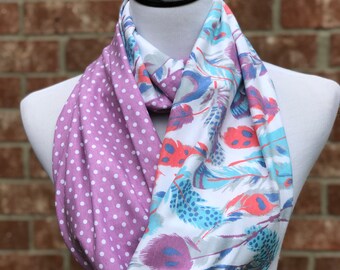 Purple Teal Scarf Feathers Print Scarf Polka Dot Scarf Infinity Scarf Soft Cotton Jersey Knit Loop Scarf Circle Scarf color block scarf