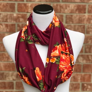 Floral Scarf Rose Print Infinity Scarf Burgundy Orange Coral Scarf Roses Print Scarf Feminine Scarf Flowers Scarf Autumn Scarf