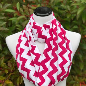 Pink Scarf Chevron Infinity Scarf zigzag loop scarf Raspberry White Circle Scarf soft jersey knit scarf