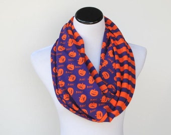 Halloween Scarf Orange Purple Infinity Scarf Pumpkin Scarf Stripes Boo Scarf Circle scarf loop scarf jersey knit snood scarf