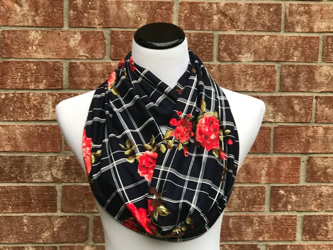 Navy Blue Floral Scarf Red Roses Flowers Scarf Infinity Scarf | Etsy