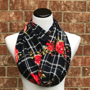 Navy Blue Floral Scarf Red Roses Flowers Scarf Infinity Scarf - Etsy