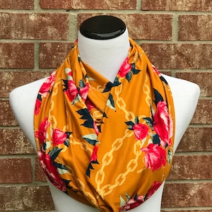 Floral Scarf Rose Scarf Mustard Pink Coral Rustic Scarf Infinity Scarf Roses Print Scarf Feminine Scarf Flowers & Chains Scarf Autumn Colors