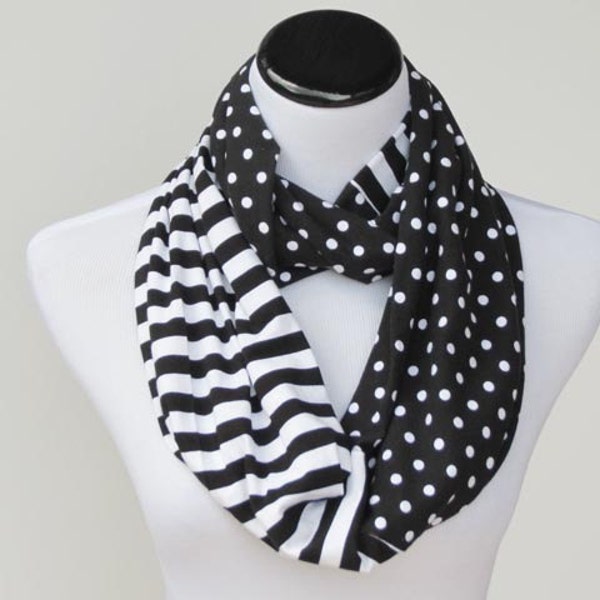 Black and white infinity scarf polka dots and stripes scarf - soft jersey knit circle loop scarf gift idea for her - gift for mom and girl