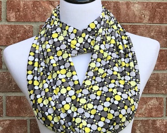 Gray Yellow Mustard Scarf Infinity Scarf White Polka Dot Scarf Circle Scarf Loop Scarf Jersey Knit Scarf