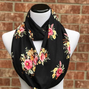 Floral Infinity Rose Scarf Black Pink Yellow Roses Scarf Feminine Scarf Mother's day Gift Pink Bouquet Flowers Scarf Soft Loop Circle scarf