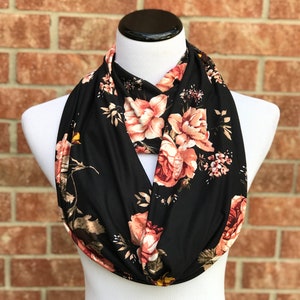 Floral Infinity Scarf Black Pink Taupe Roses Scarf Feminine Scarf Mother's day Gift Pink Rose Flowers Scarf Soft Loop Circle scarf