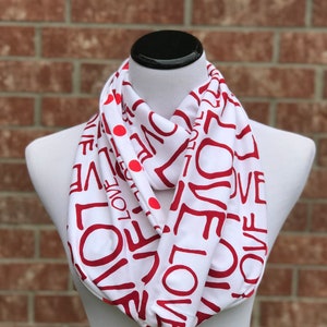 Red Scarf Reversible Scarf Love & Polka Dot Scarf White Valentine&#39;s Day Infinity Scarf Soft Cotton Jersey Knit Scarf Loop Circle Scarf
