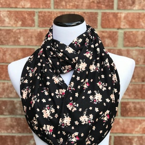 Black Floral Scarf Pink White Daisy Rose Flowers Circle Scarf Infinity ...