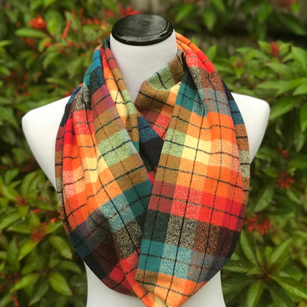 Plaid Scarf Mustard Yellow Burgundy Brown Orange Teal Rustic Infinity Scarf Plaid Flannel Autumn Winter Circle Scarf Loop Scarf Thanksgiving