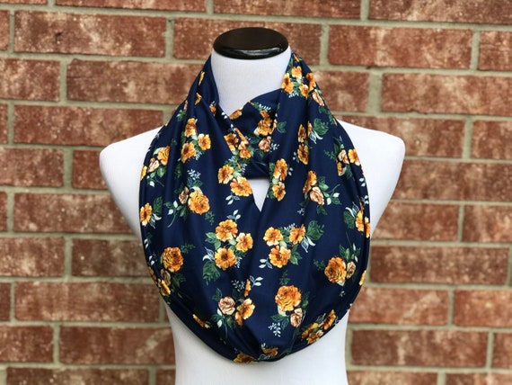 Navy Blue Floral Scarf Yellow Mustard Roses Scarf Infinity - Etsy