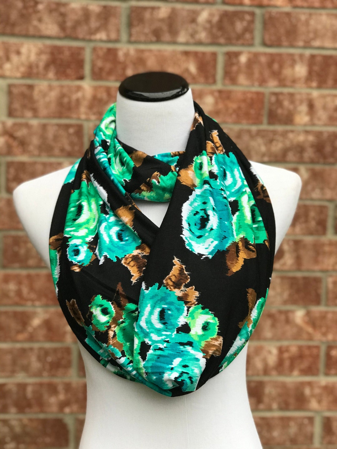 Black Teal Scarf Floral Infinity Scarf Roses Print Scarf Soft Jersey ...
