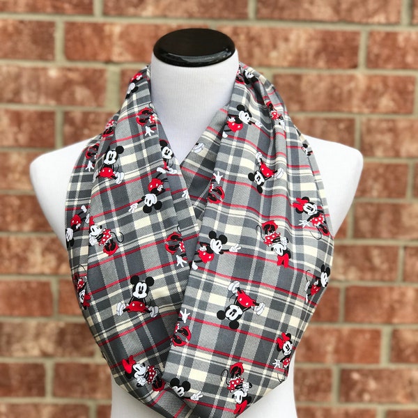 Mickey Scarf Mouse Scarf Infinity Scarf for Mickey Lovers Scarf Plaid Gray Red Beige White Scarf Loop Scarf