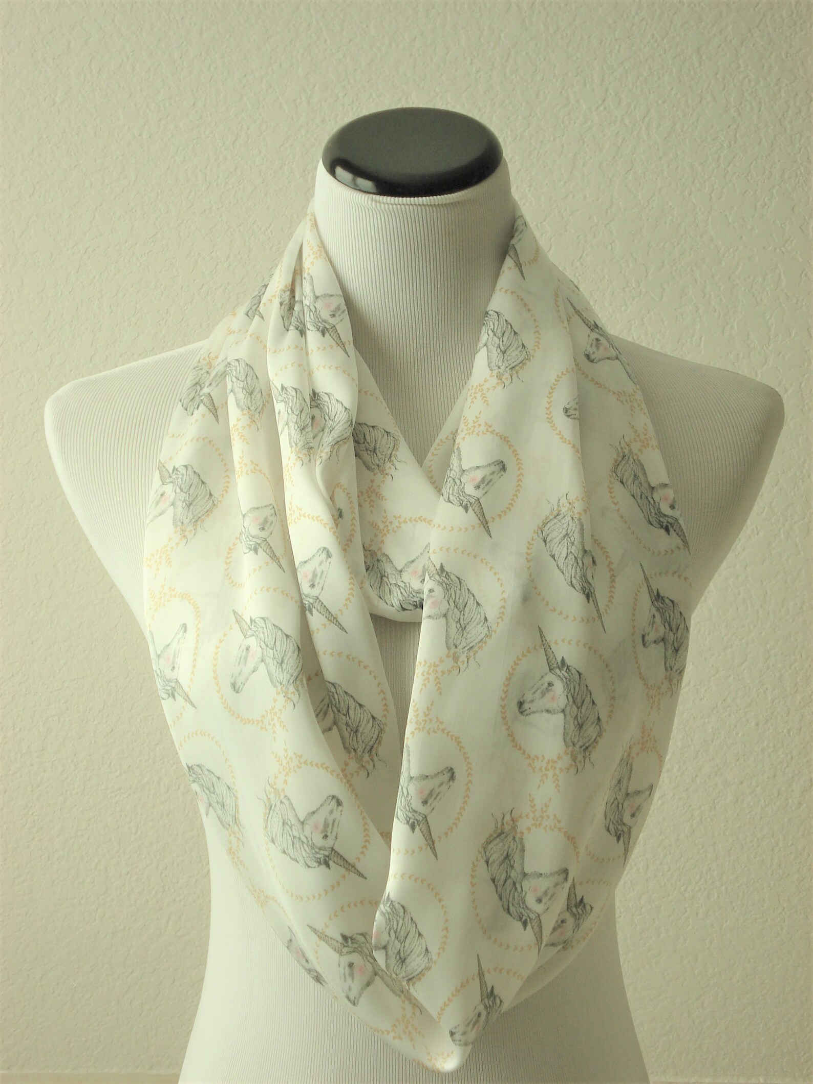 Unicorn Print Scarf Infinity Scarf White Gray Gold Unicorn - Etsy