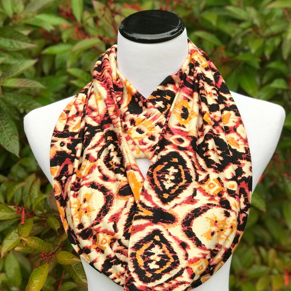Ikat Scarf Infinity Scarf Brown Mustard Gold Yellow Back Ethnic traditional Circle Scarf Loop Scarf Soft Jersey Knit geometric scarf