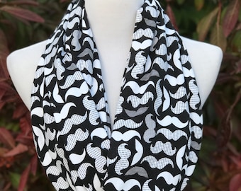 Black Gray White Infinity Scarf Mustache Print Long Scarf Very Soft Cotton Jersey Knit Funny Circle Scarf Loop Scarf