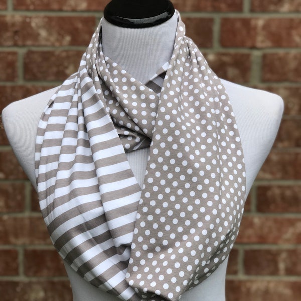 Gray Scarf Infinity Scarf Grey White Polka Dot & Stripes Scarf Circle Scarf Loop Scarf gift idea for her gift for women teen girls