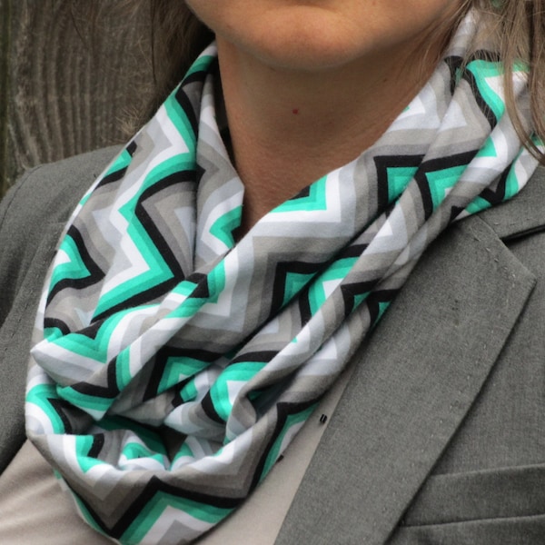 Gray Scarf Chevron Infinity Scarf Zig Zag Scarf Gray White Emerald Green Scarf Soft Cotton Jersey Circle scarf Loop scarf gift Idea