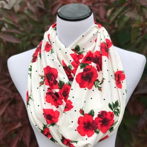 Poppy Scarf Infinity Scarf Red Flowers Scarf Floral Scarf Poppy Flower Scarf Red Poppy White Ivory Polka Dot Scarf Mother&#39;s day Gift