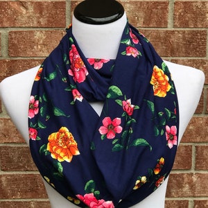Floral Scarf Rose Scarf Navy Blue Pink Orange Scarf Infinity Scarf Roses Print Scarf Feminine Scarf bouquet rose flowers scarf Autumn