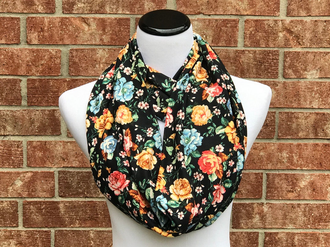 Floral Scarf Pink Roses Scarf Black Teal Yellow Infinity Scarf - Etsy