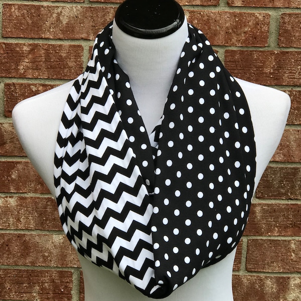 Black White Scarf Infinity Scarf Polka Dots and Chevron Scarf Circle Scarf Halloween Scarf Loop Scarf gift idea for women teen girl