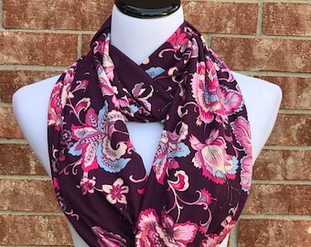 Floral Scarf Burgundy Mauve Flowers Scarf Maroon Scarf Roses Paisley Infinity Scarf Feminine Mother's day gift Rose flowers scarf Loop scarf