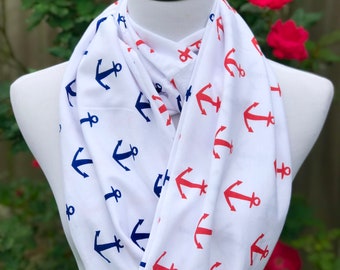 Nautical Scarf Reversible Infinity Scarf Red Navy Blue Anchor Scarf Sailor Scarf soft jersey knit scarf circle scarf soft cotton loop