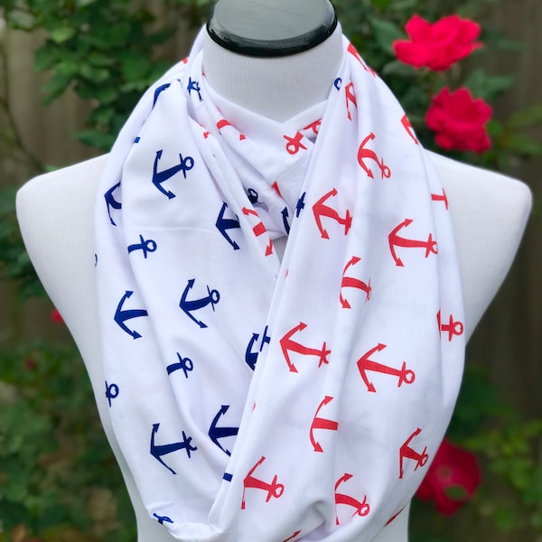 Nautical Scarf Reversible Infinity Scarf Red Navy Blue Anchor Scarf Sailor Scarf soft jersey knit scarf circle scarf soft cotton loop