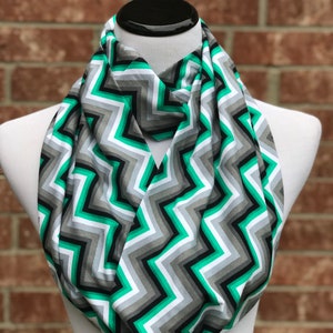 Gray Scarf Chevron Infinity Scarf Zig Zag Scarf Gray White Emerald Green Scarf Soft Cotton Jersey Circle scarf Loop scarf gift Idea