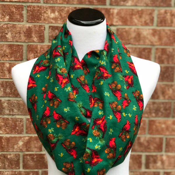 Christmas Scarf Red Cardinal Birds Green Red Infinity Scarf Cotton Flannel Scarf Christmas Red Soft & Warm Winter Scarf