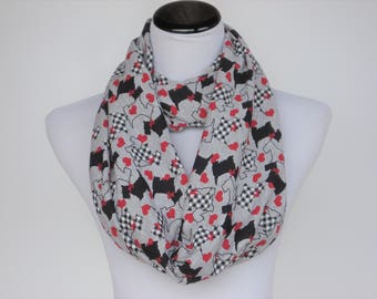 Hearts & Dogs Scarf Valentine Infinity Scarf Gray Scarf Red Hearts Valentine's day scarf Scottie Dogs Love Scarf for Dog Lovers Super Soft