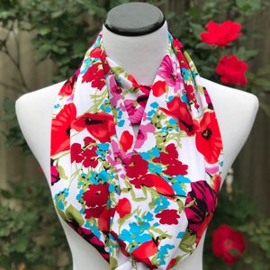 Floral Scarf Poppy Scarf Mother&#39;s day Scarf Infinity Scarf Poppy Flower Scarf Red Pink Flowers Scarf Soft Jersey Knit Loop scarf Red White