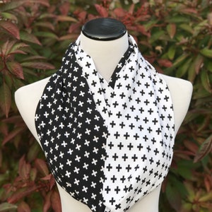 Black White Scarf Infinity Scarf Cross Scarf Swiss Cross Scarf Colorblock Scarf Loop Scarf Circle Scarf Soft Jersey Knit Scarf