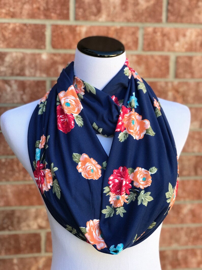 Navy Blue Floral Scarf Infinity Scarf Soft Jersey Knit Scarf Etsy