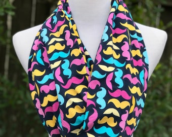 Multicolor Infinity Scarf Mustache Print Long Scarf Pink Blue Yellow Purple Rainbow Soft Cotton Jersey Knit Funny Circle Scarf Loop Scarf