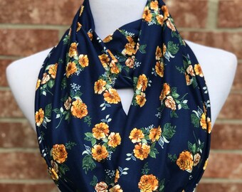 Navy Blue Floral Scarf Yellow Mustard Roses Scarf Infinity Scarf Feminine Scarf Mother's day Gift Rose Flowers Scarf Soft Loop Circle scarf