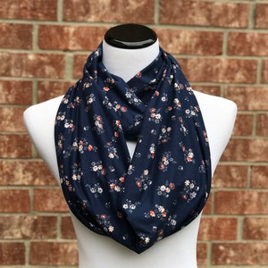 Navy Blue Floral Scarf Pink White Daisy Flowers Infinity Scarf Circle ...