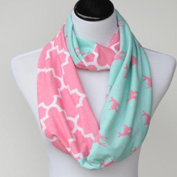 Teal Pink Scarf Infinity Scarf Quatrefoil Deer Mint Colorblock Scarf green pink fawn deer Loop Scarf for mom and teen girl feminine scarf