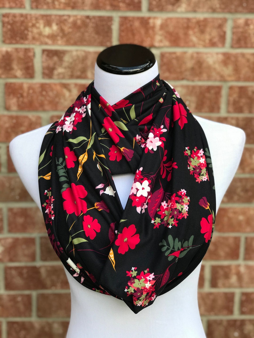 Floral Scarf Black Red Pink Yellow Autumn Flowers Scarf - Etsy
