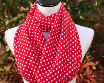 Red Hearts Scarf Loop Scarf Red & White Hearts Scarf Valentine Infinity Scarf Valentine's Day Scarf Red Heart Print Scarf Circle Scarf