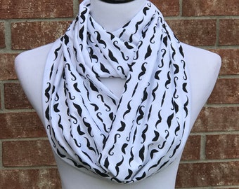 Black Mustache Scarf Infinity Scarf Mustache White Black Circle Scarf jersey knit Loop Scarf birthday gift idea for mom and  girl