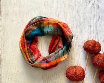 Kids Scarf Plaid Scarf Mustard Yellow Burgundy Brown Orange Teal Toddler Infant Infinity Loop Scarf Plaid Flannel Autumn Winter Thanksgiving