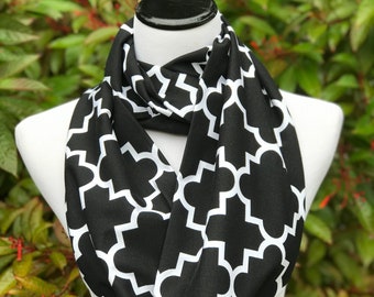 Black Scarf, Halloween black white infinity scarf quatrefoil cotton jersey knit loop scarf circle scarf birthday gift for women & teen girl