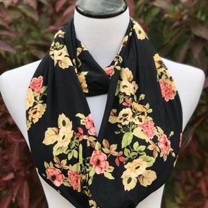 Floral Infinity Rose Scarf Black Pink Beige Roses Scarf Feminine Scarf Mother's day Gift Pink Bouquet Flowers Scarf Soft Loop Circle scarf