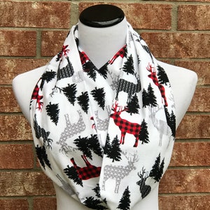 Christmas Scarf Reindeer Moose Elk Red Gray White Infinity Scarf White Plaid Red Deer Pine Tree Soft & Warm Flannel scarf