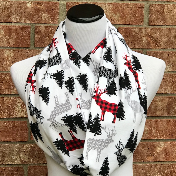 Christmas Scarf Reindeer Moose Elk Red Gray White Infinity Scarf White Plaid Red Deer Pine Tree Soft & Warm Flannel scarf