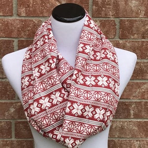 Fair Isle Scarf Christmas Scarf White Red Nordic Scandinavian Infinity Scarf Cotton Scarf Loops Scarf Circle Scarf